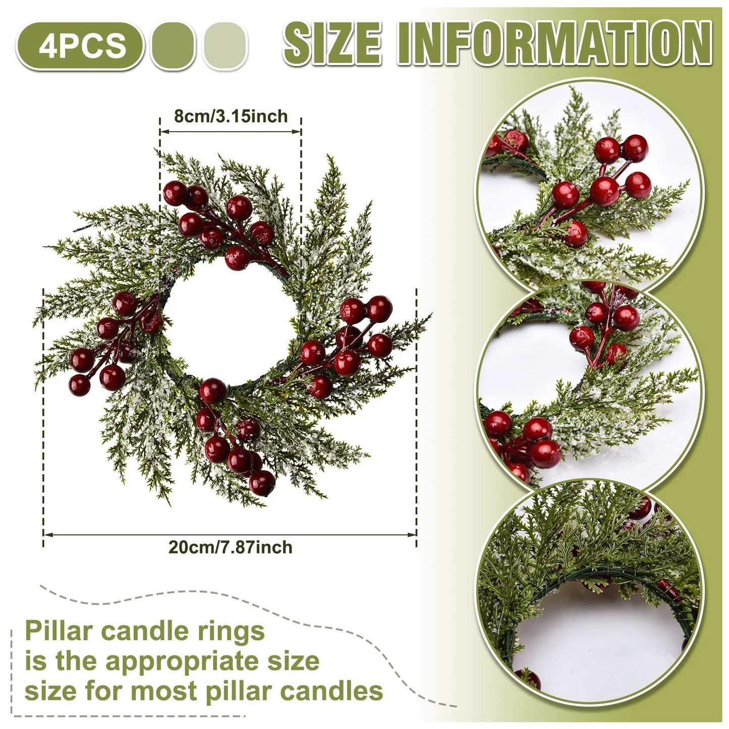 4 Pieces 8" Mini Christmas Wreaths - Small for Kitchen Cabinet/Window/Front Door, Artificial Red Berries & Pinecones, Christmas Candle Rings, Table/Farmhouse Decoration (No Ribbon)