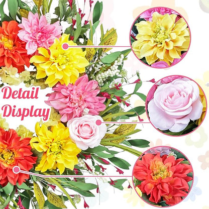 24" Dahlia Spring Summer Wreath with Rose, Peony and Green Leaves, Colorful Artificial Flower Wreath for Front Door Home Wall Wedding Farmhouse Holiday Outdoor Indoor Décor