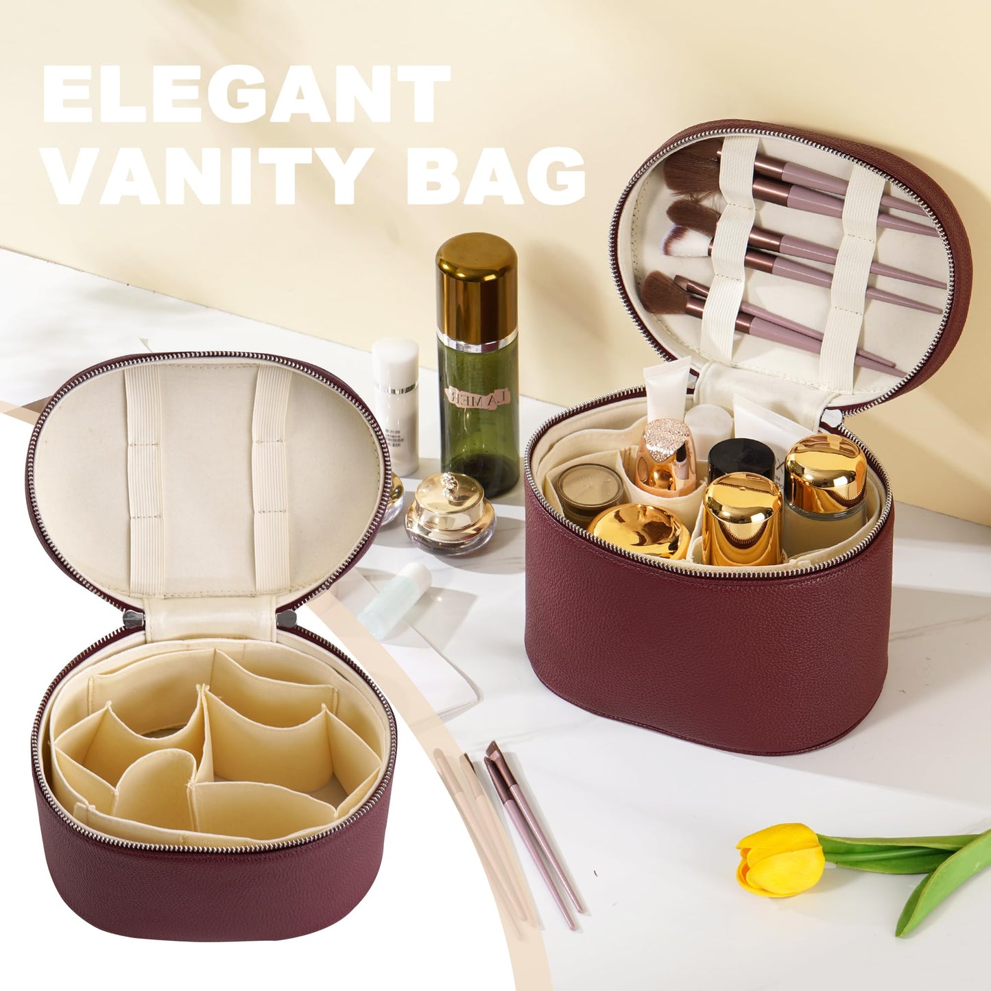 UUYUUY Makeup Bag Vanity Case Cosmetic Bag with Removable Divider Travel Toiletry Bag for Women Portable Make up Box Organizer, Burgundy