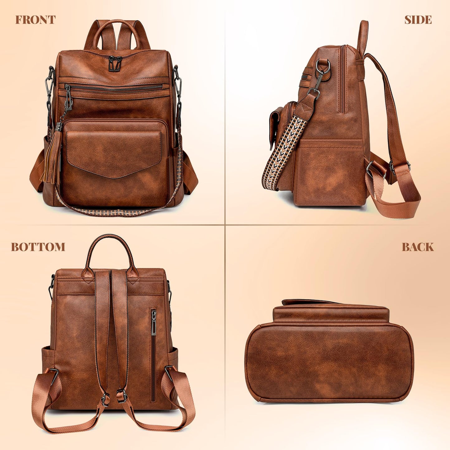 garaplight PU Leather Backpack Purse for Women | Anti-theft Ladies Shoulder Bag Handbag Suitable for Work, Travel, and Daily Use (Brown)