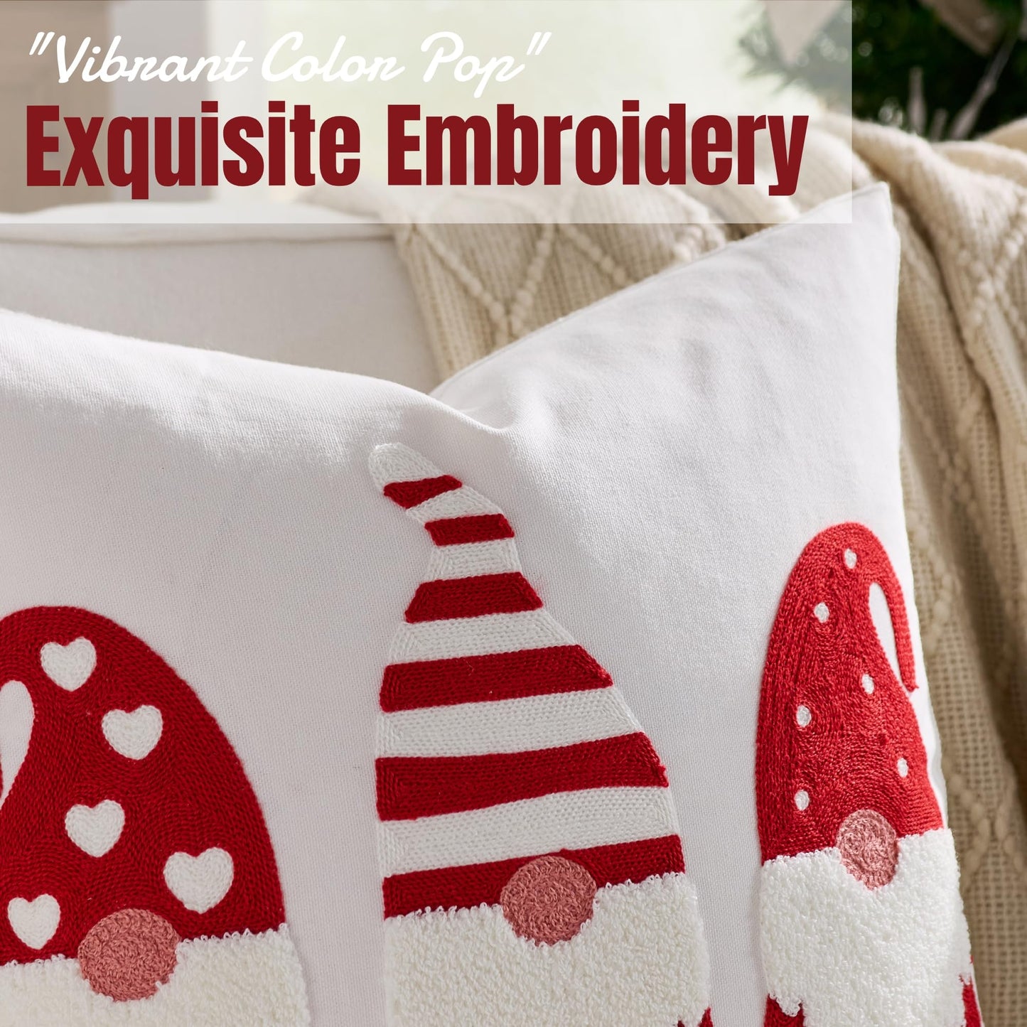 Farmhouse Christmas Pillow Covers 18x18 Set of 2, Xmas Embroidered Throw Cushion Cases with Festive Patterns for Rustic Home Holiday Decor (Gnome Trio White, 18" x 18" (Pack of 2))