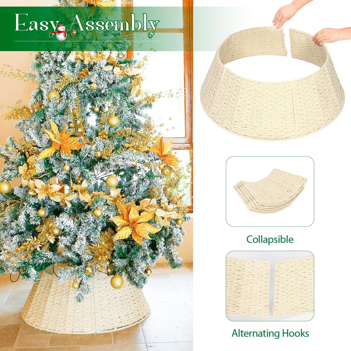 Joyhalo Christmas Tree Collar, 27.5" Tree Skirt Collar for Pencil Tree, Handwoven White Xmas Tree Collar, Woven Xmas Tree Ring, Christmas Tree Base Cover