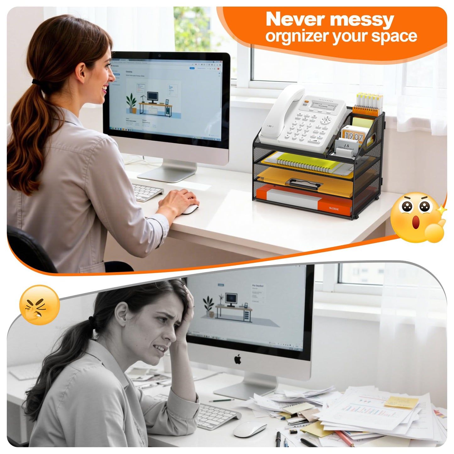 DocNest 4 Tier Metal Mesh Letter Tray - Space Saving Desk File Organizer with Handle, Pen Holder & Folder Holder - Desktop Document Sorter for Office, Home, School, Classroom - Black