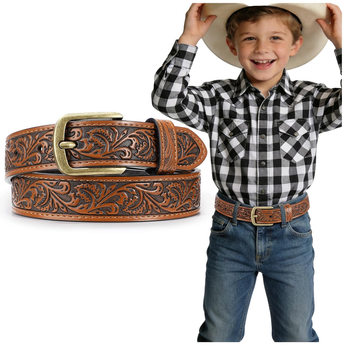JKEEMI Kids Western Belt, 1.1'' Width Girls Boys Cowboy Leather Belt with Vintage Buckle & Floral Curved - for Jeans Dresses