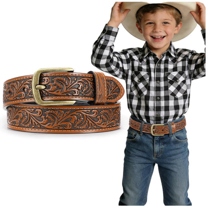 JKEEMI Kids Western Belt, 1.1'' Width Girls Boys Cowboy Leather Belt with Vintage Buckle & Floral Curved - for Jeans Dresses