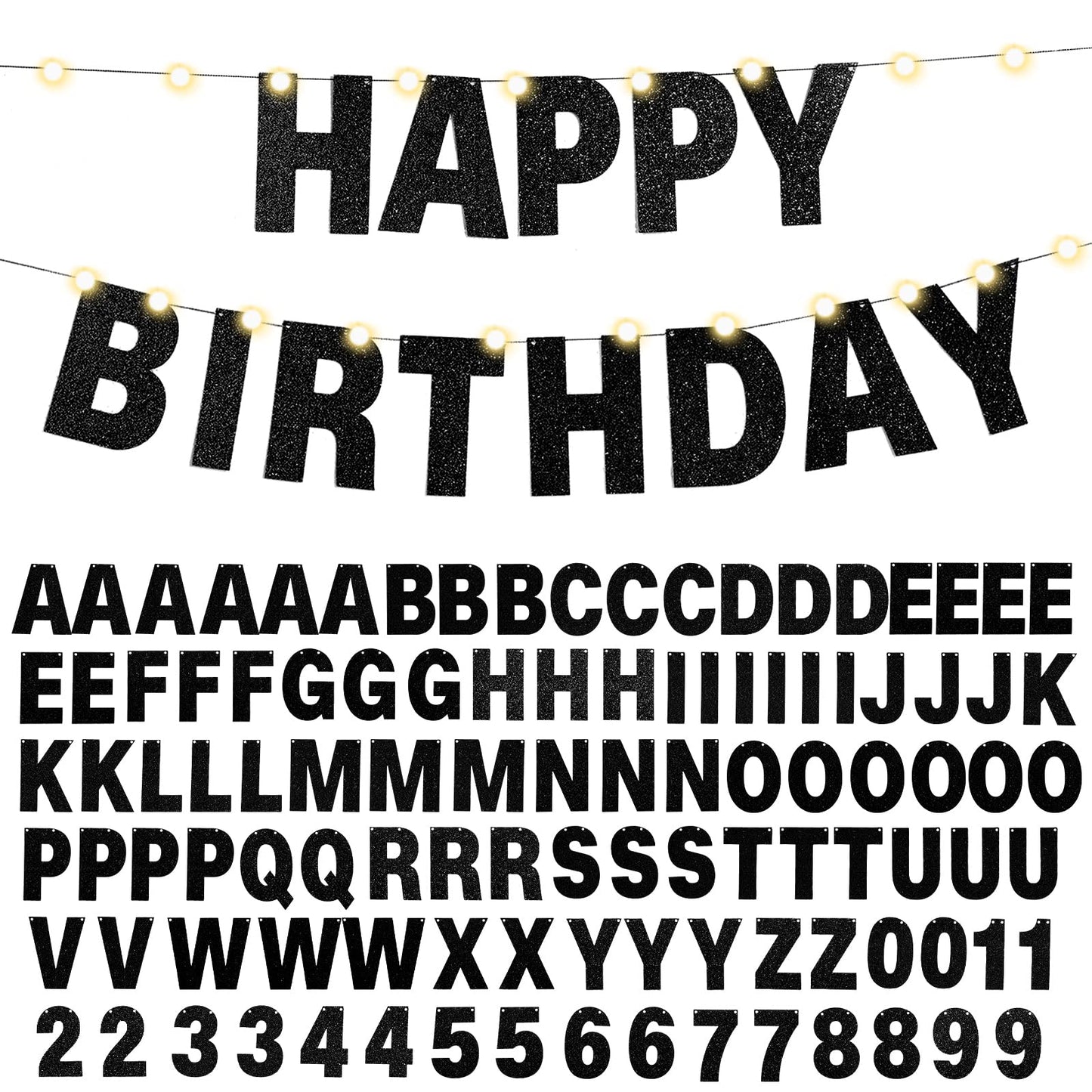 TaoBary 112 Pcs DIY Letter Kit Glitter Customizable Banner Letters Include 107 Letters and Numbers 3 Rope and 2 Needles for Birthday Halloween Christmas Wedding Valentine Party Decor(Black)