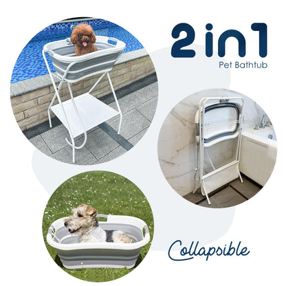 BEBEROAD PETS 2 in 1 Dog Bath Tub Dog Washing Station for Bathing and Grooming, Elevated Collapsible Foldable Portable Shower Bathtub for Small Dogs Cats Pet, Indoor and Outdoor