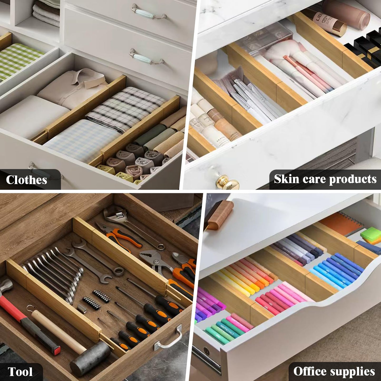 Ryqtop Bamboo Drawer Dividers,12-21" Adjustable Drawer Organizers for Clothes,Expandable Dresser Separators in Kitchen/Bedroom/Bathroom/Vanity/Office Organization and Storage,4-Pack