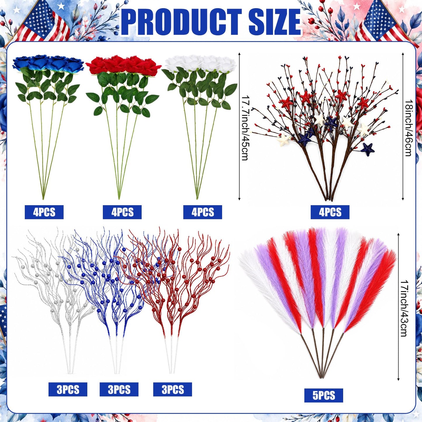 Juinte 30pcs Patriotic Artificial Flower, Red White Blue Faux Roses with Star Berry Picks and Pampas Grass for 4th of July Centerpieces and Independence Day Decor