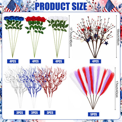 Juinte 30pcs Patriotic Artificial Flower, Red White Blue Faux Roses with Star Berry Picks and Pampas Grass for 4th of July Centerpieces and Independence Day Decor