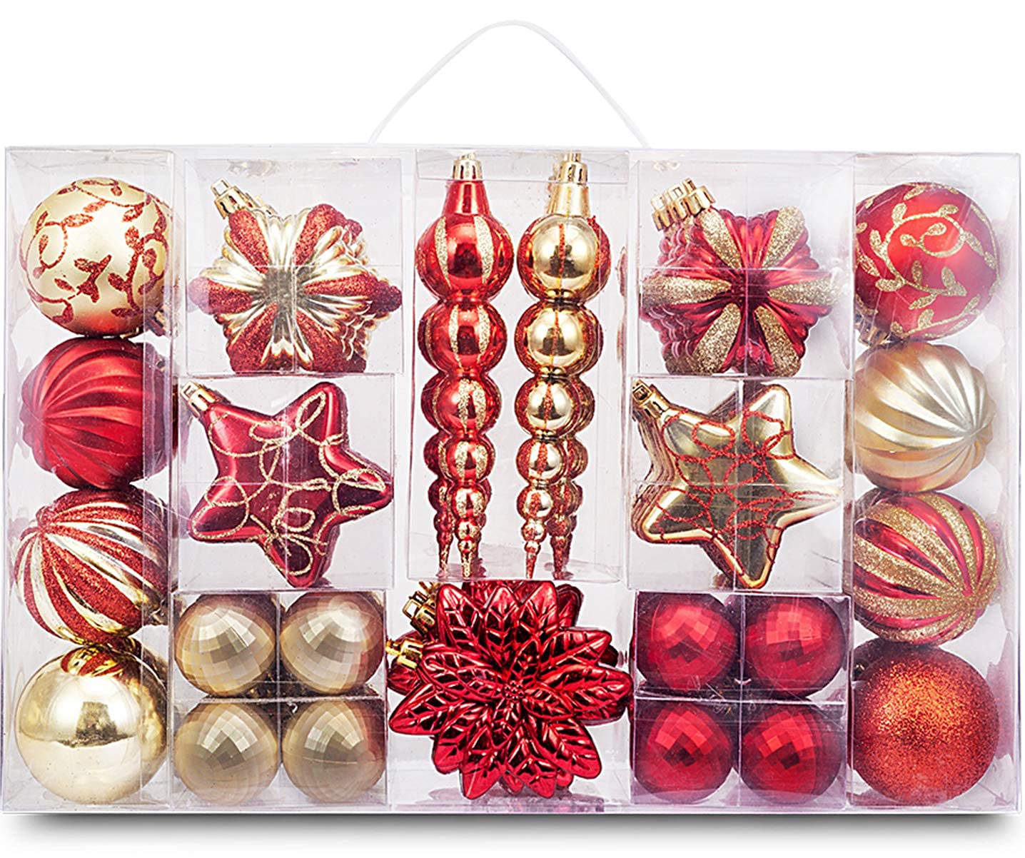 AUXO-FUN 73ct Assorted shatterproof Christmas Ornaments Luxury Collection Set in Reusable Hand-held Gift Package for Christmas Tree Decoration (red & Gold)