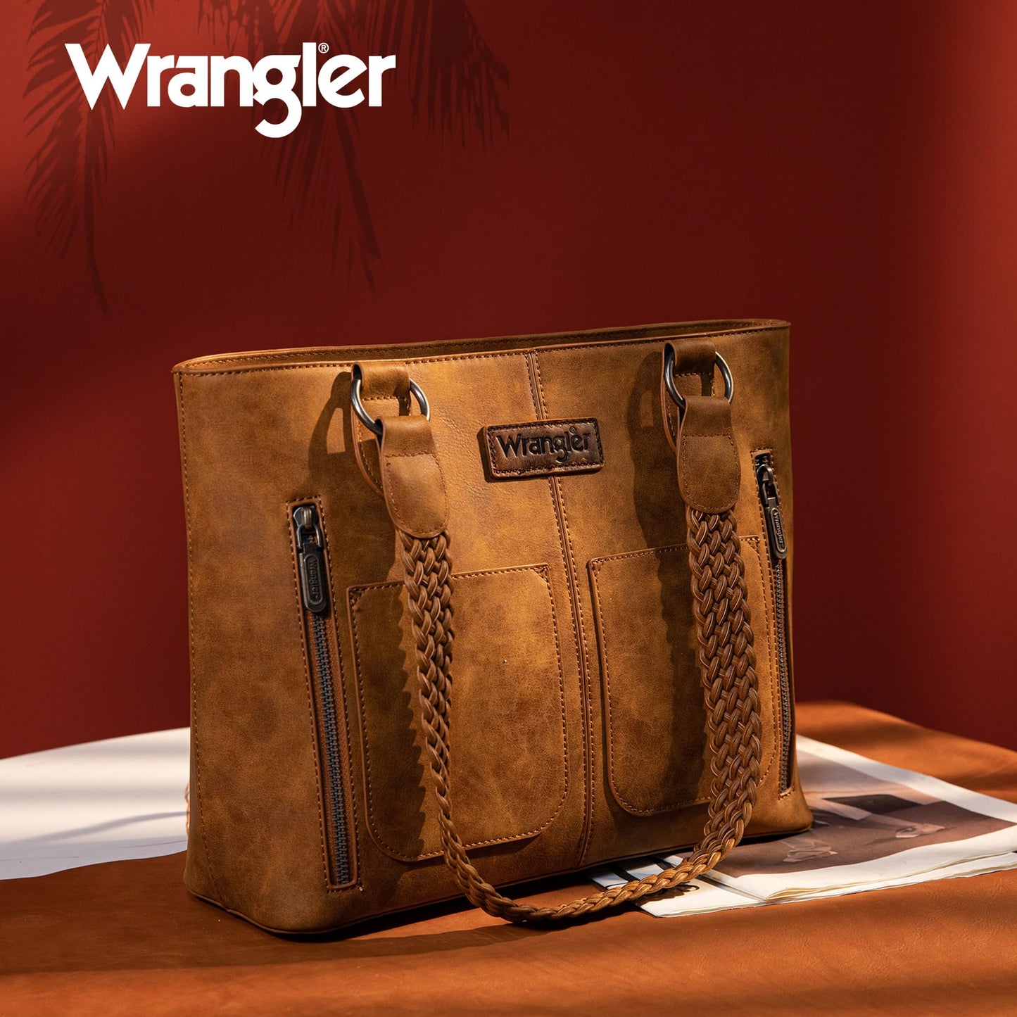 Wrangler Tote Bag for Women Multi Pockets shoulder bag western purse Medium leather like Handbags with Woven Top-Handle WG78-G8317BR