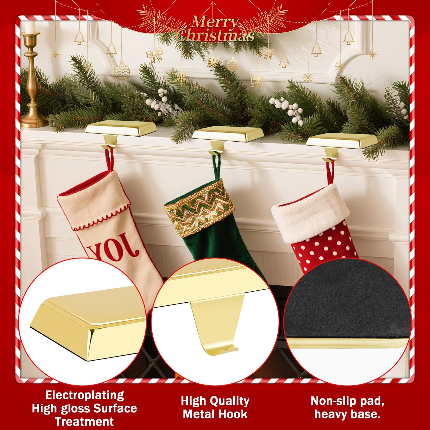 Doitory Christmas Stocking Holder Hanger for Mantle,4 Pack for Xmas Decorations Lightweight and Adjustable for Fireplace Home Decoration