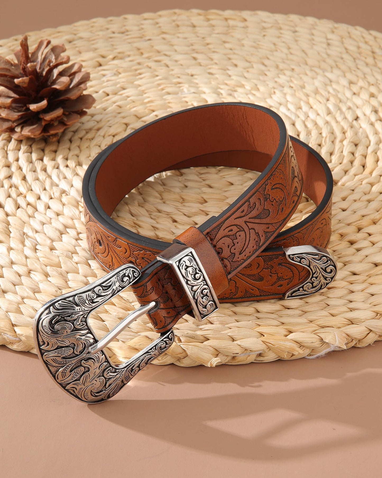 AWAYTR Kids Western Belt for Girls - Vintage Cowgirl Leather Belt for Jeans Dresses, Brown, Fit Waist 20-24in