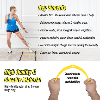 LYKAN FIT 20ft Sports Agility Ladder for Men Women and Kids, Speed Youth Soccer Agility Training Equipment for Football, Exercise, Tennis, Legs Workout with Speed Parachute and Carry Bag
