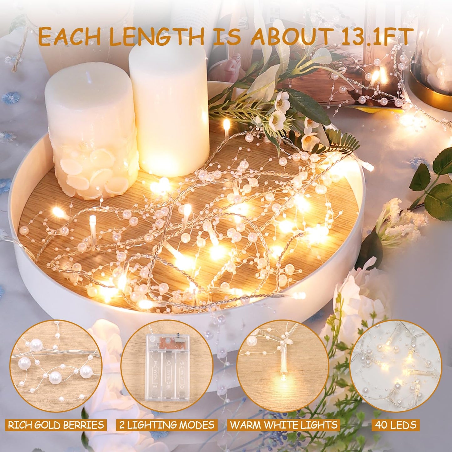 Waipfaru Christmas Garland with Lights,2Pcs Lighted Berry Garland, 13.1FT Christmas Tree Garland, Christmas Decorations Indoor for Home Outdoor Gate Table Fireplace New Year Decor, White