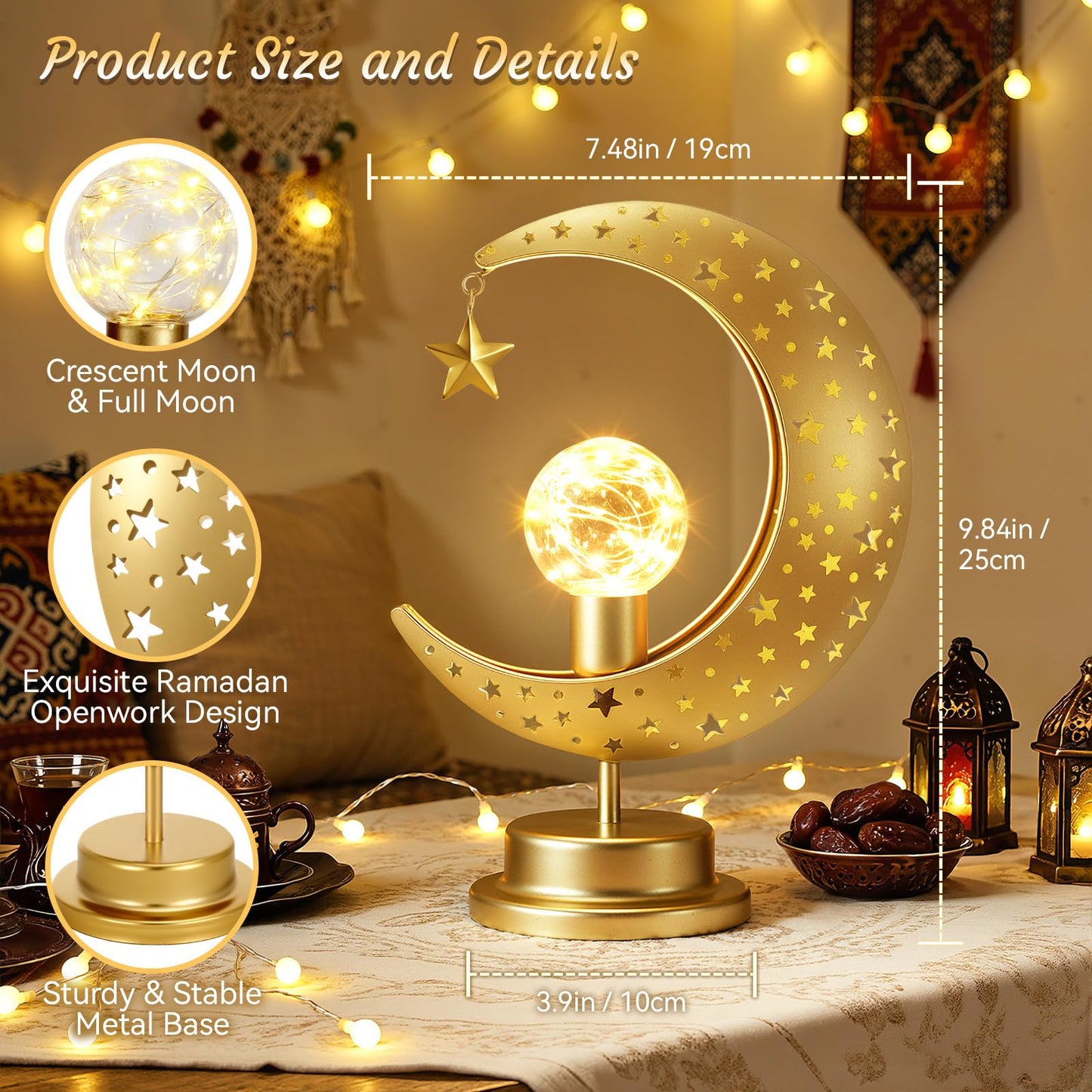 Lewondr Ramadan Moon Lamp, Crescent Moon with Star Table Lamp, Battery Powered Ramadan Desk Lamp Decorations Crescent Table Light Bedside Night Stand Desktop Living Room Home Decor, Eid Mubarak Decor