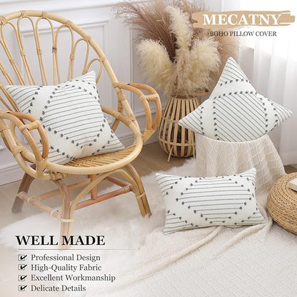 Mecatny Boho Outdoor Throw Pillow Covers 18X18 Set of 2, Farmhouse Decorative Pillow Covers for Couch Sofa Living Room, Grey & Cream White