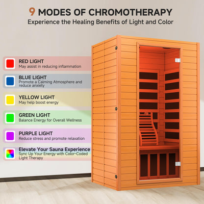 springspa Far Infrared Sauna for Home, Home Indoor Infrared Sauna for 2-Person, Canadian Hemlock Wood Sauna Room with Low Emf Red Light Therapy, 9 Chromotherapy Lights, Bluetooth Speakers
