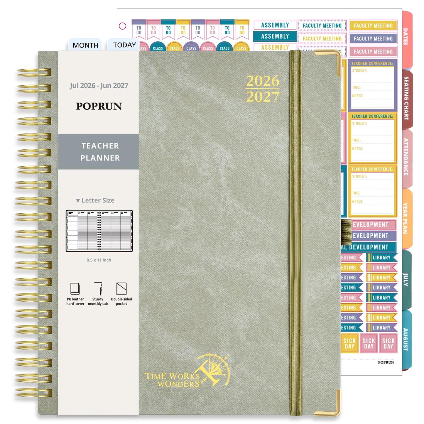 POPRUN Teacher Planner 2026-2027, Letter Size 8.5"x 11", Weekly and Monthly Lesson Calendar, July 2026-June 2027 Academic Agenda Book, 7 Period Lesson Plan Organizer Book - Olive Green