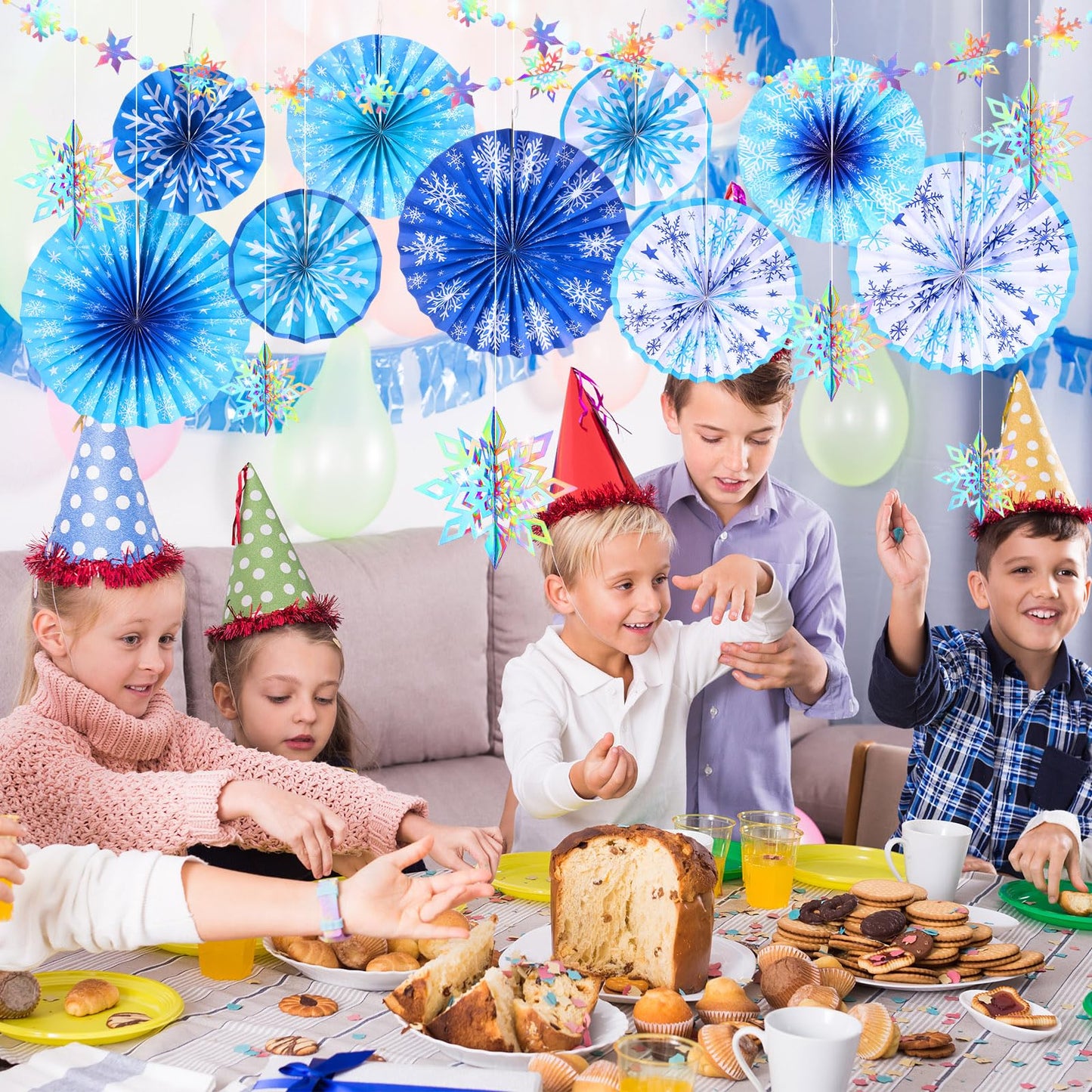 Outus 16 Pcs Snowflake Hanging Decorations Winter Paper Fans Blue Winter Paper Garland 3D Holographic Snowflakes for Xmas Wonderland Birthday Party Ceiling Wall Supplies Decoration
