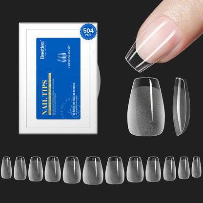 Beetles Gel Nail Kit Short Almond, 240Pcs Easy Nail Extension Set Shaped Clear Tips with 5 in 1 Nail Glue Base & Top Coat and Mini UV Lamp, Nail Tips Art Acrylic Nail Kit Gifts for Women