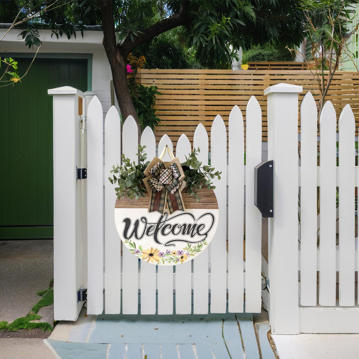 Welcome Sign Front Door Decoration 12 Inch Round Wood Wreath Wall Hanging Outdoor, Farmhouse, Porch, Suitable for Spring Summer Fall Seasons Holidays Christmas (Grass Green)
