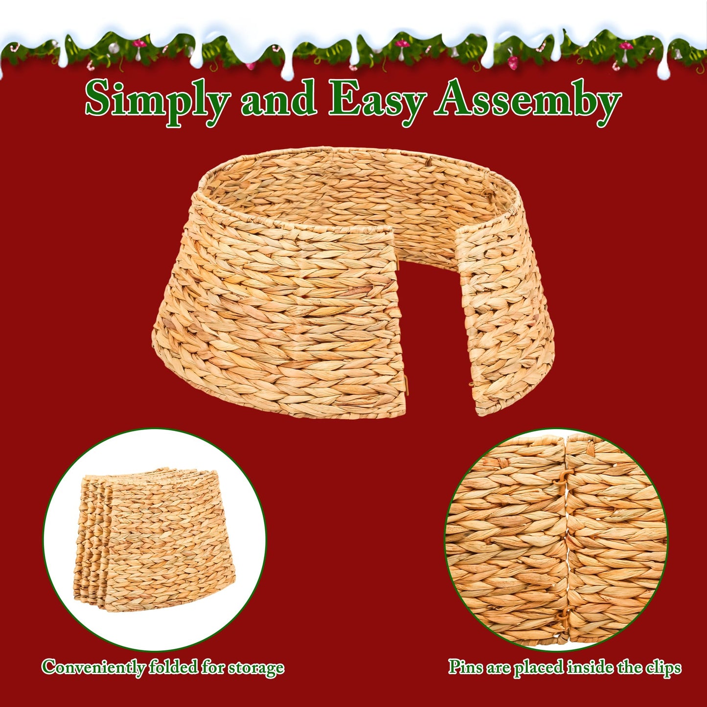 24" Christmas Tree Collar, Hand Woven Hyacinth Christmas Tree Base, for Artificial Trees - 4 Piece Rustic Farmhouse Tree Skirt Replacement, Fits Below 23" Tree Stand, Natural Hyacinth