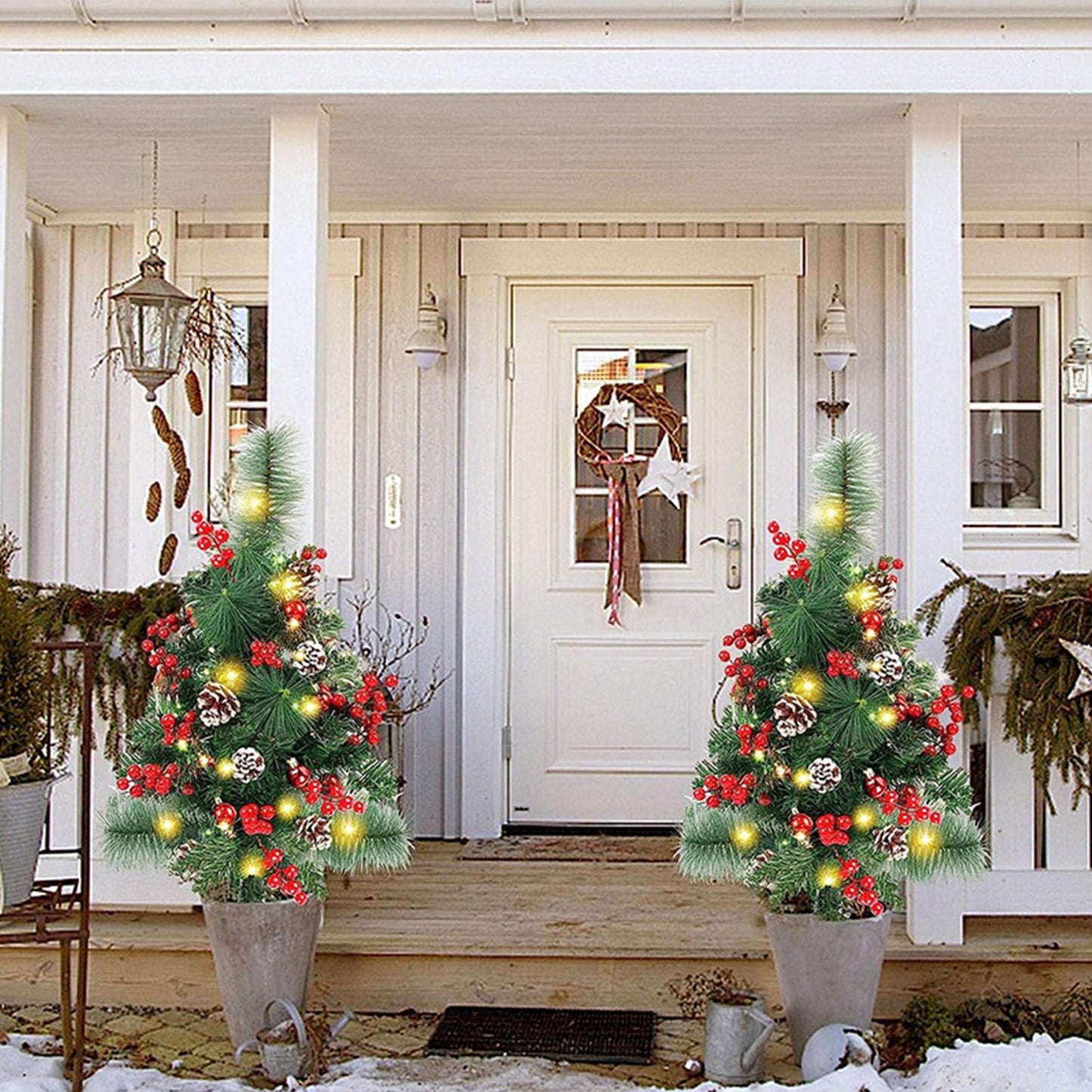 Prelit Artificial Christmas Trees Lights 17.2 Inch Solar Christmas Tree Pathway Lights with Stake Red Berries Pinecones Waterproof Xmas Urn Filler Solar Stake Lights Garden Decor(1Pcs/Solar Powered)