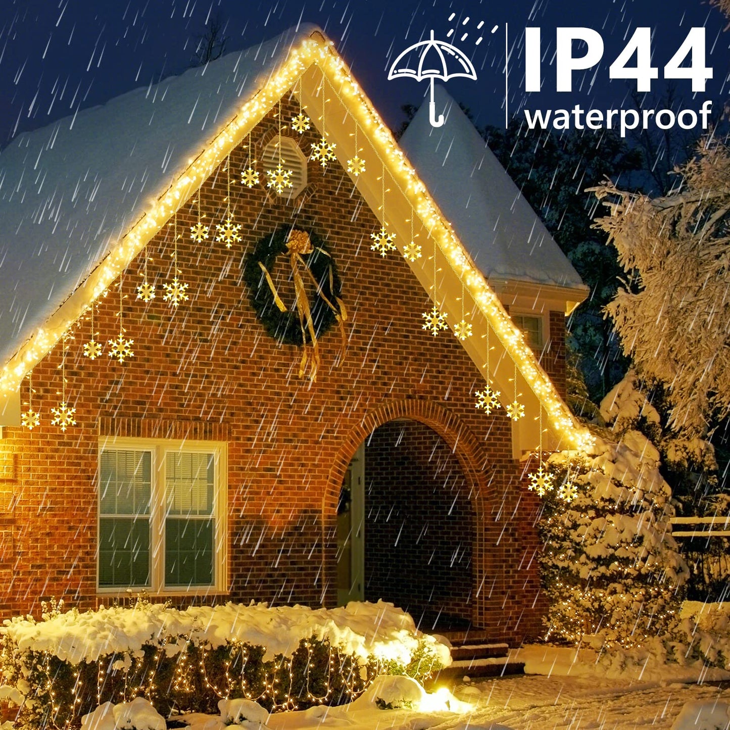 Christmas Snowflake Lights Outdoor, 17.22ft 264 LED Snowflake Icicle Lights with 22 Drops, 8 Modes connectable Plug In Christmas Light Waterproof for Eaves, Garden, Indoor & Outdoor Decor (Warm White)