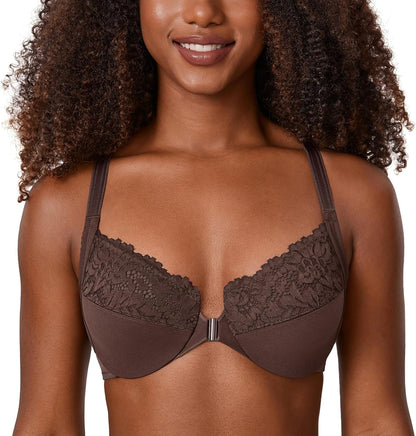 DELIMIRA Women's Front Closure Plus Size Full Coverage Lace Underwire Racerback Bra