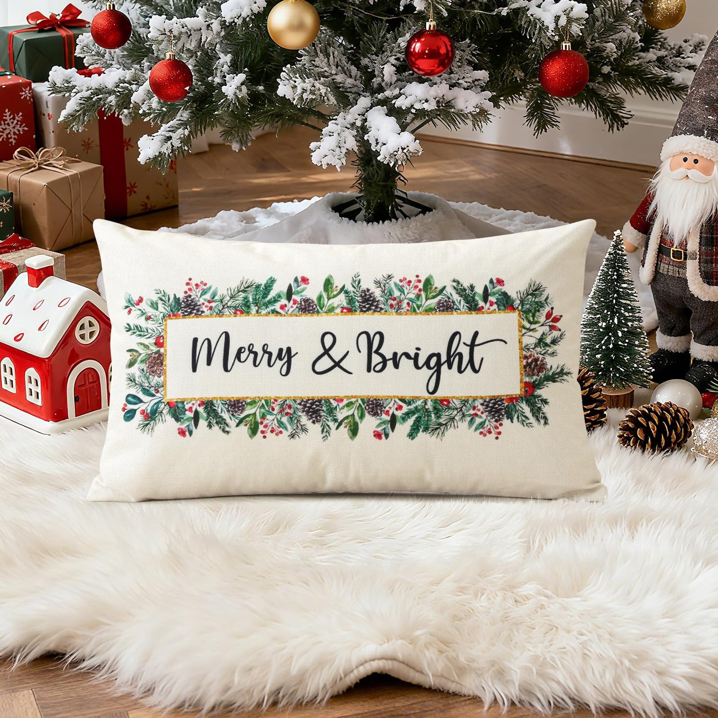 OTOSTAR Merry Bright Christmas Decor Pillow Cover 12x20 Inch Lumbar Decorative Throw Pillow Case Eucalyptus Mistletoe Winter Holiday Rectangle Cushion Cover for Couch Bed Sofa Decor (Merry & Bright)