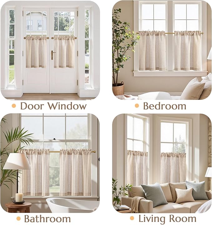 jinchan Striped Linen Kitchen Curtains 24 Inches Length Tier Curtains Farmhouse Modern Cafe Style Small Window Treatments Airy Light Filtering Rod Pocket for Living Room Bathroom 2 Panels Tan