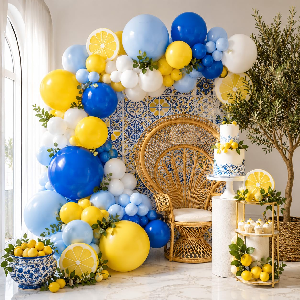 Blue White Yellow Balloon Arch Kit, Graduation Yellow Royal Blue Latex Party Balloons for Lemon Amalfi Coast Baby Shower Anniversary Birthday Wedding Graduation Party Decorations