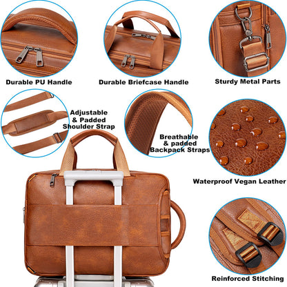 weiatas 3-in-1 Vegan Leather Convertible Laptop Bag for Men Women, 15.6 Inch Waterproof Expandable Backpack, Computer Briefcase, Shoulder Messenger Bag & Weekend Bag for Business Travel Work (Brown)