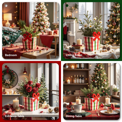DIF DECO Red Bow Christmas Vase, 6.5 Inch Ceramic Unique Wide Paper Bag Vase, Xmas Cute Holiday Flower Pot for Centerpieces/Home/Living Room/Shelf Table, Modern Decor