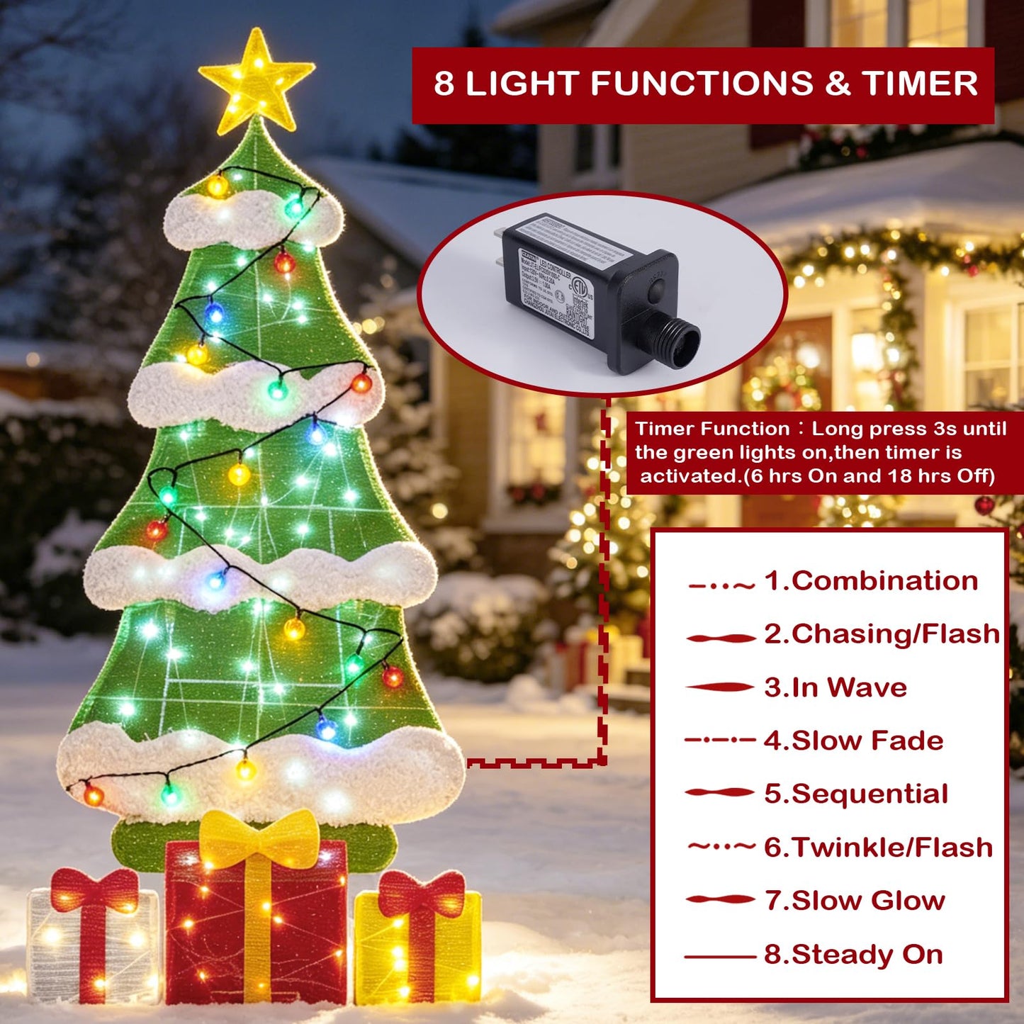 3ft 2D Christmas Tree Outdoor Decorations with 100 Twinkling LED Lights, 8 Light Modes, Large Holiday Yard Ornament for Patio, Lawn, Home （Sphere）