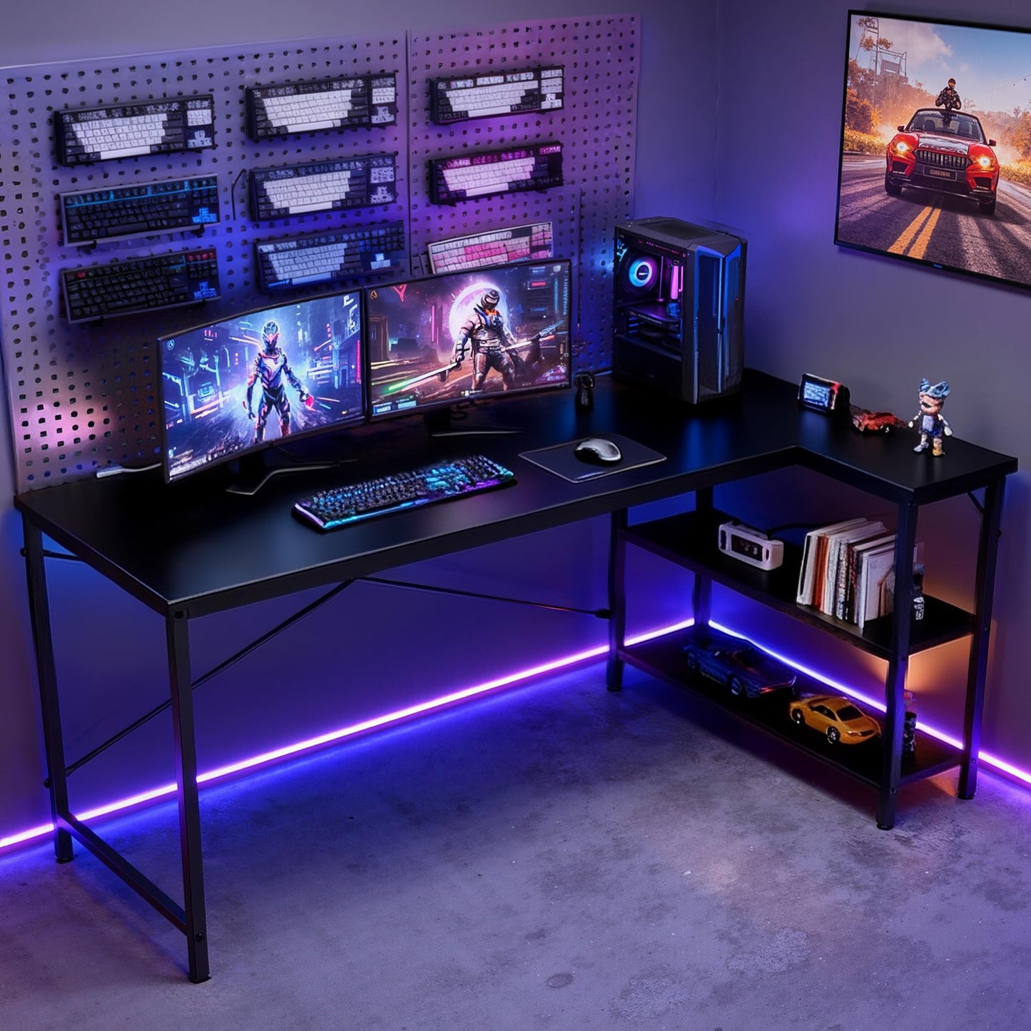 DUMOS L Shaped Desk 47 Inch Computer Desk Gaming Furniture Corner Desks Home Office PC Table with Reversible Storage Shelves for Writing Working Study Bedroom Dorm, Modern Black