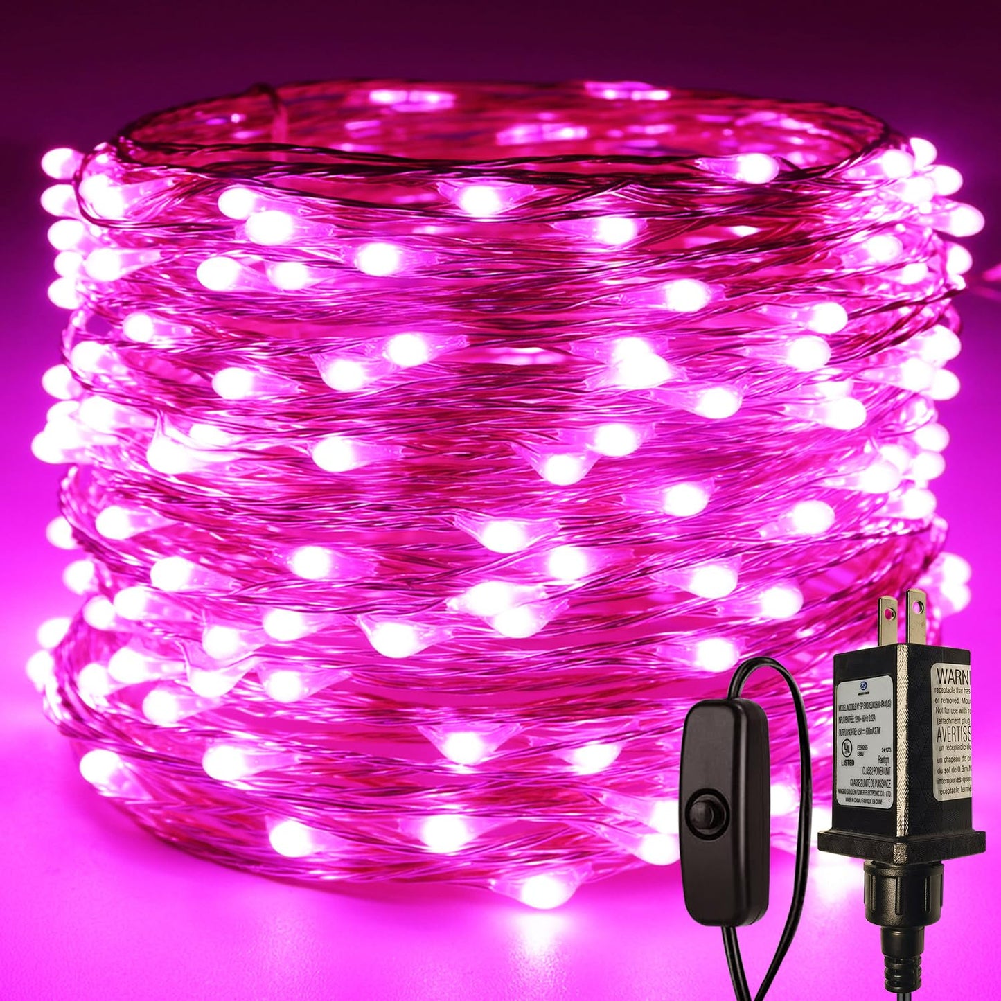 RUICHEN Plug in Fairy Lights with Switch, Waterproof 66 Ft 200 LED Silver Wire Starry String Firefly Lights for Bedroom, Patio, Garden, Balcony, Dorm, Pink