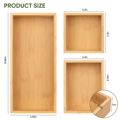 Vincona Bamboo Drawer Organizers Set, 3PCS Multi-Use Wood Storage Organizers, Desk Drawer Tray for Kitchen, Bathroom, Office, Dresser, Bamboo Box Bin for Jewelry, Makeup, Junk, Gadgets