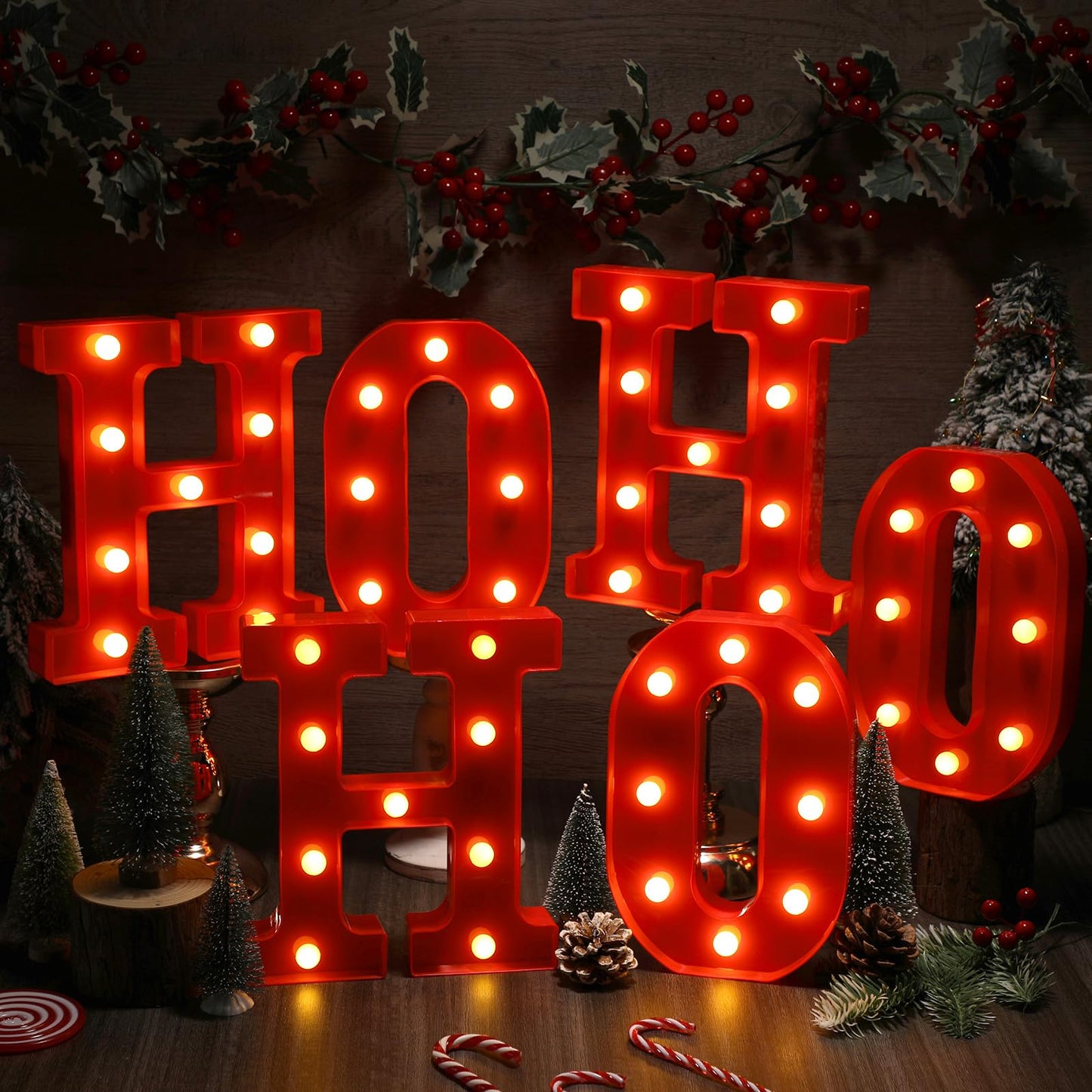 6 Pcs Lighted Christmas Ho Ho Centerpiece Decoration LED Letter Lights Sign Xmas Centerpiece Table Decor Christmas Tabletop for Bedroom Home Room Party Indoor Decor(Red,8.7 inch)
