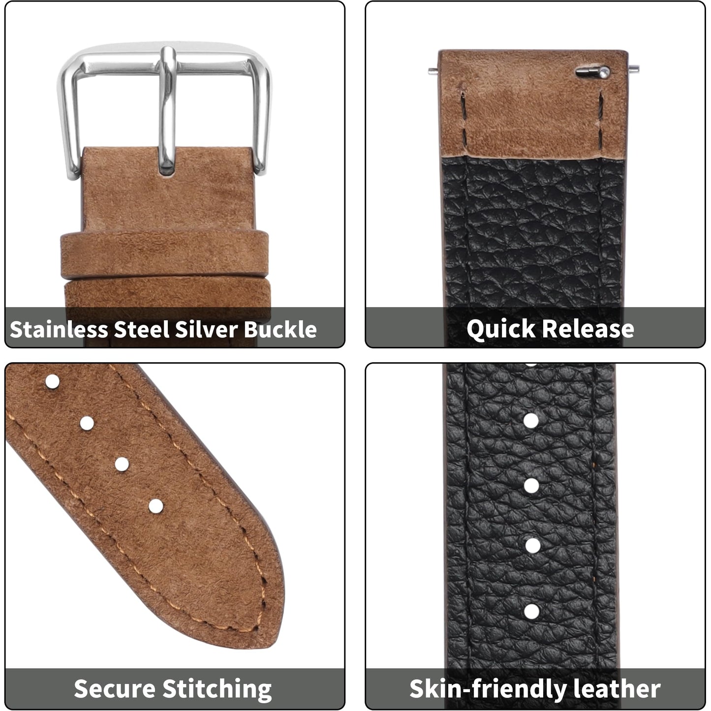 JUNGHELE Suede Leather watch bands for men and women, Quick Release leather watch strap with Silver Buckle watch leather strap,Brown 22mm watch band WBG0206