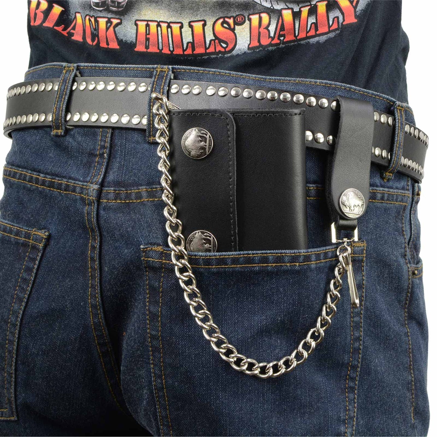 Milwaukee Leather MLW7821 Men's 4” Leather Biker Tri-Fold Wallet w/Buffalo Nickel Snaps Wallet w/Anti-Theft Stainless Steel Chain - One Size
