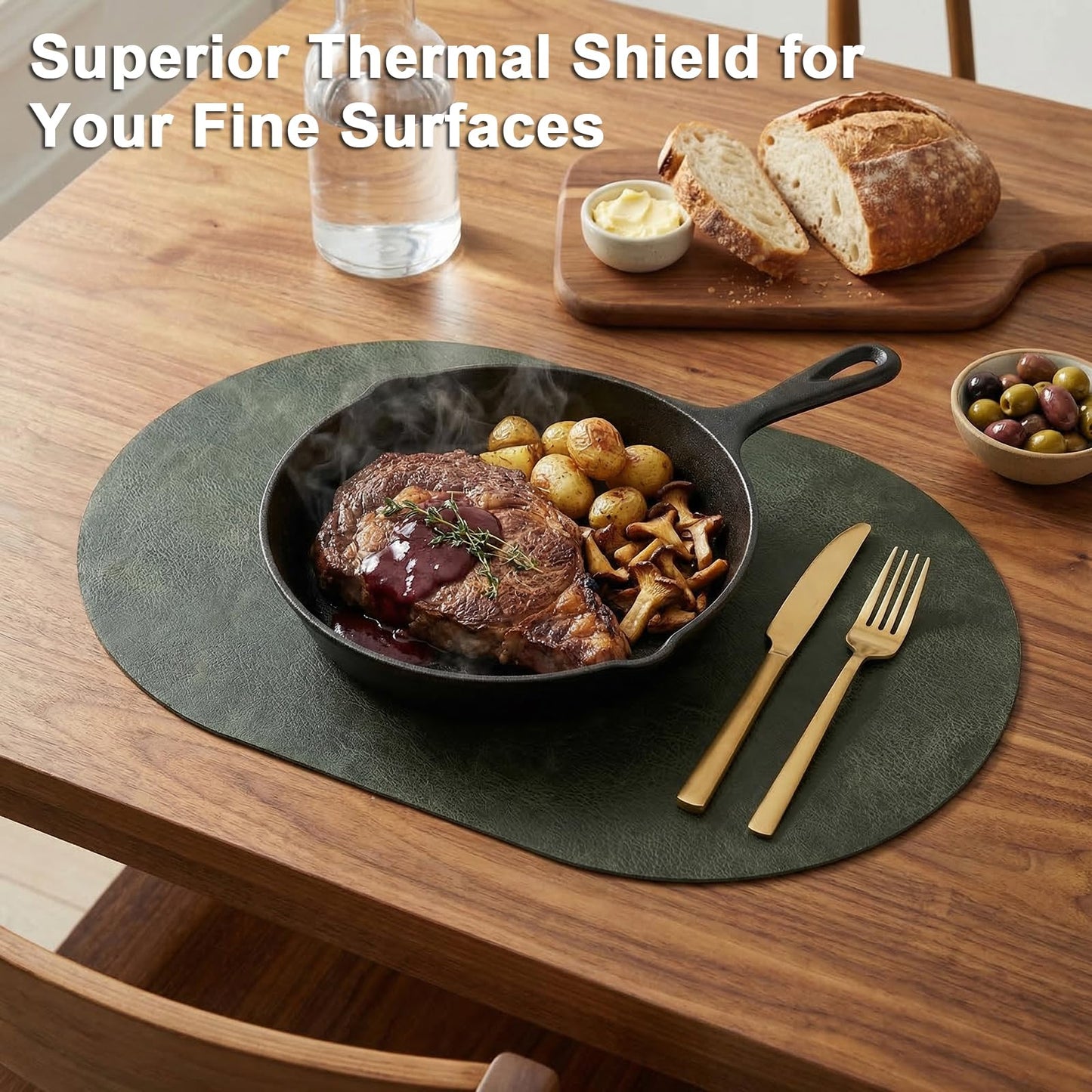 BIPASION Oval Placemats 2mm Ultra Thick Faux Leather Table Mats, Heat Resistant Waterproof Wipeable Dining Mats for Kitchen Table, Set of 6, Olive Green