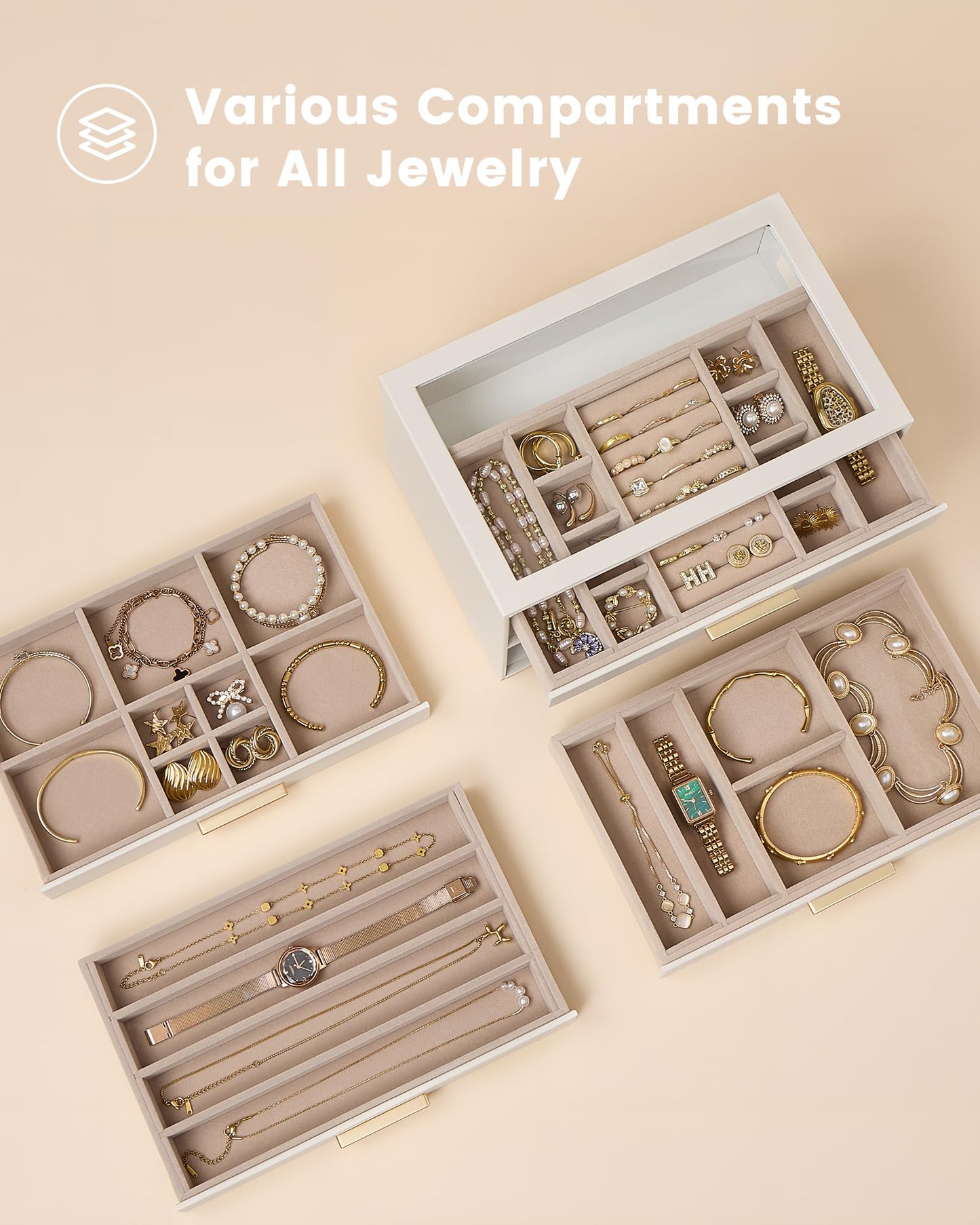 Lolalet Jewelry Box Organizer, 4-Layer Jewelry Organizers and Storage Case with Glass Lid, Ring Earring Bracelet Necklace Holder Organizer, Birthday Valentine Gifts for Women Girls -4Layer, Beige