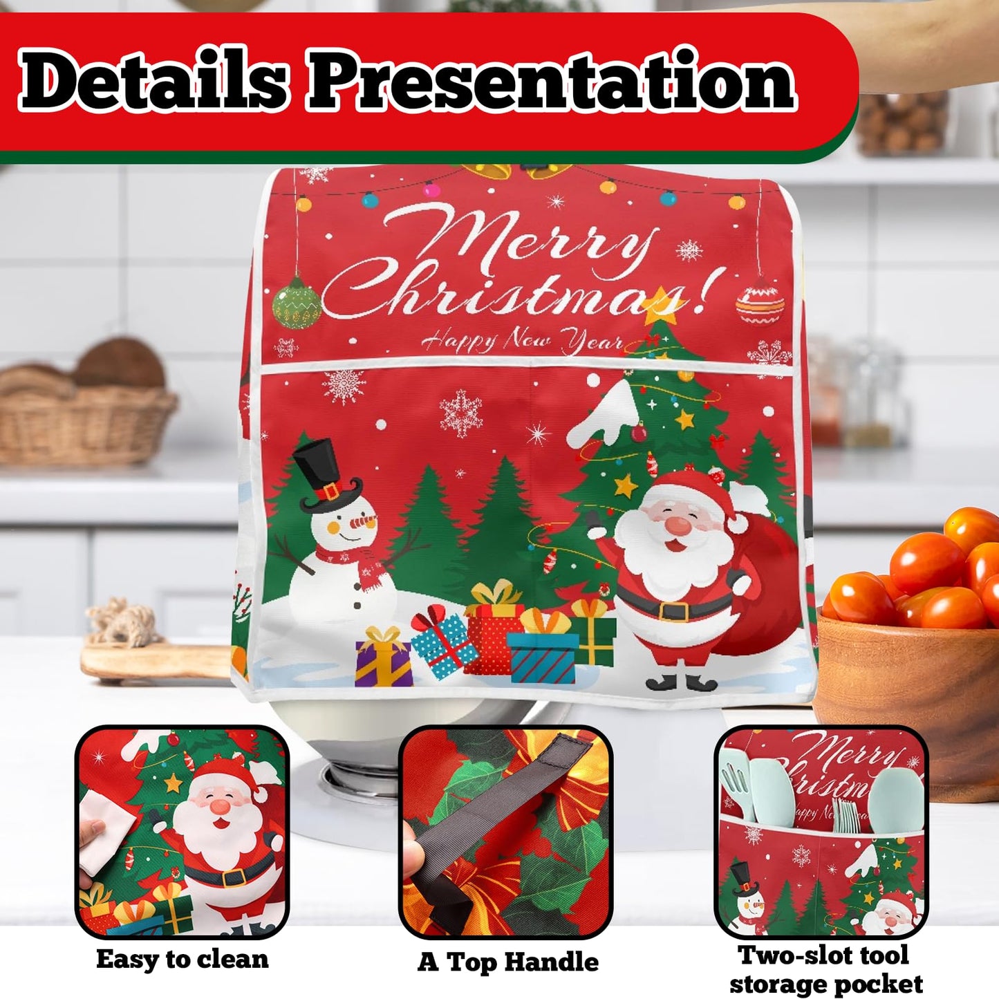 FBBP Christmas Stand Mixer Cover - Compatible with 6-8 Quart for Kitchen Appliance - Santa Claus and Snowman Dust Cover with Pockets for Accessories Xmas Home Kitchen Decor