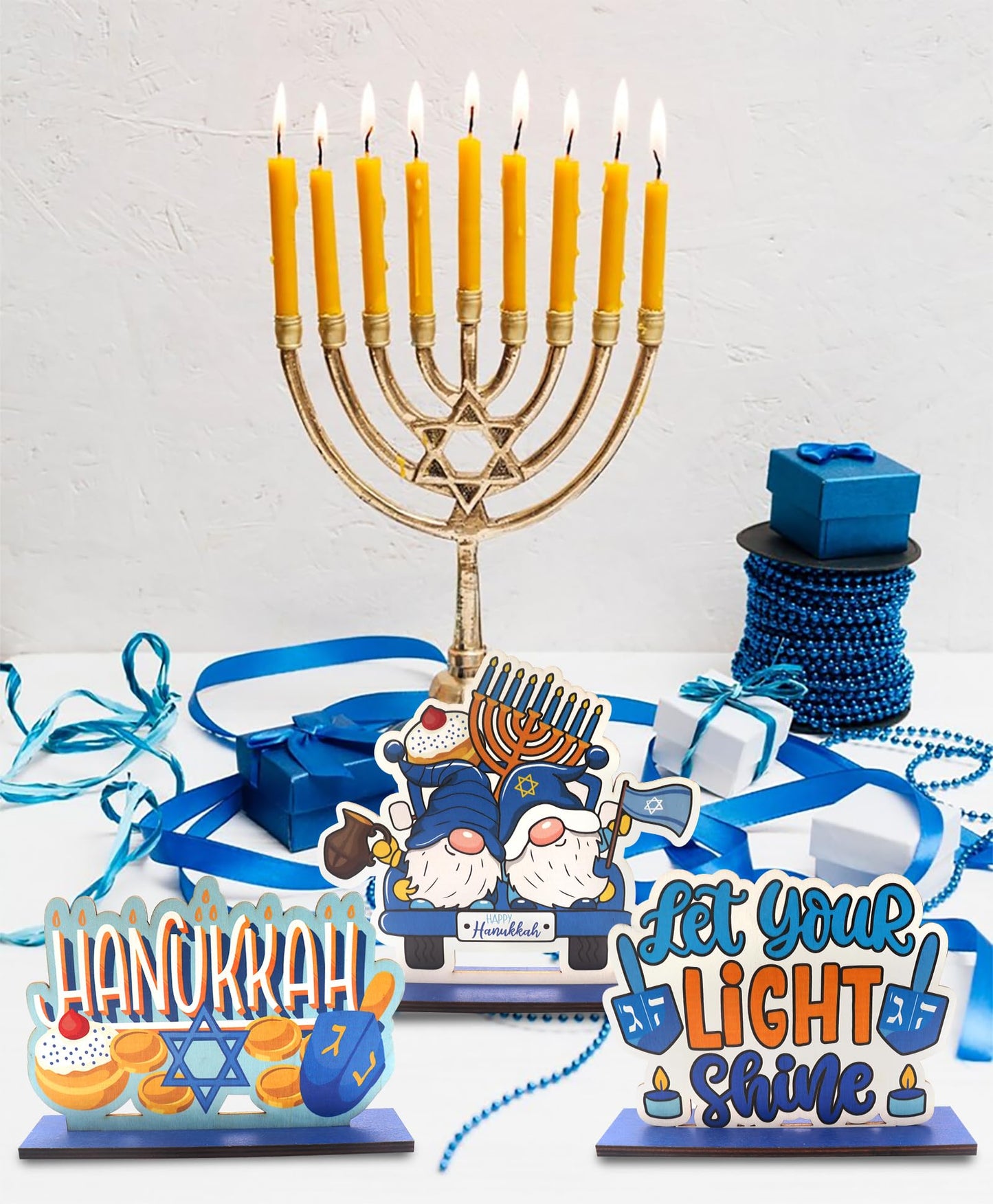 Estivaux 3 PCS Happy Hanukkah Table Centerpieces Chanukah Menorah Table Topper Decor Star of David Wooden Signs Jewish Festival Gnomes Wooden Centerpieces for Table Home Hanukkah Decorations