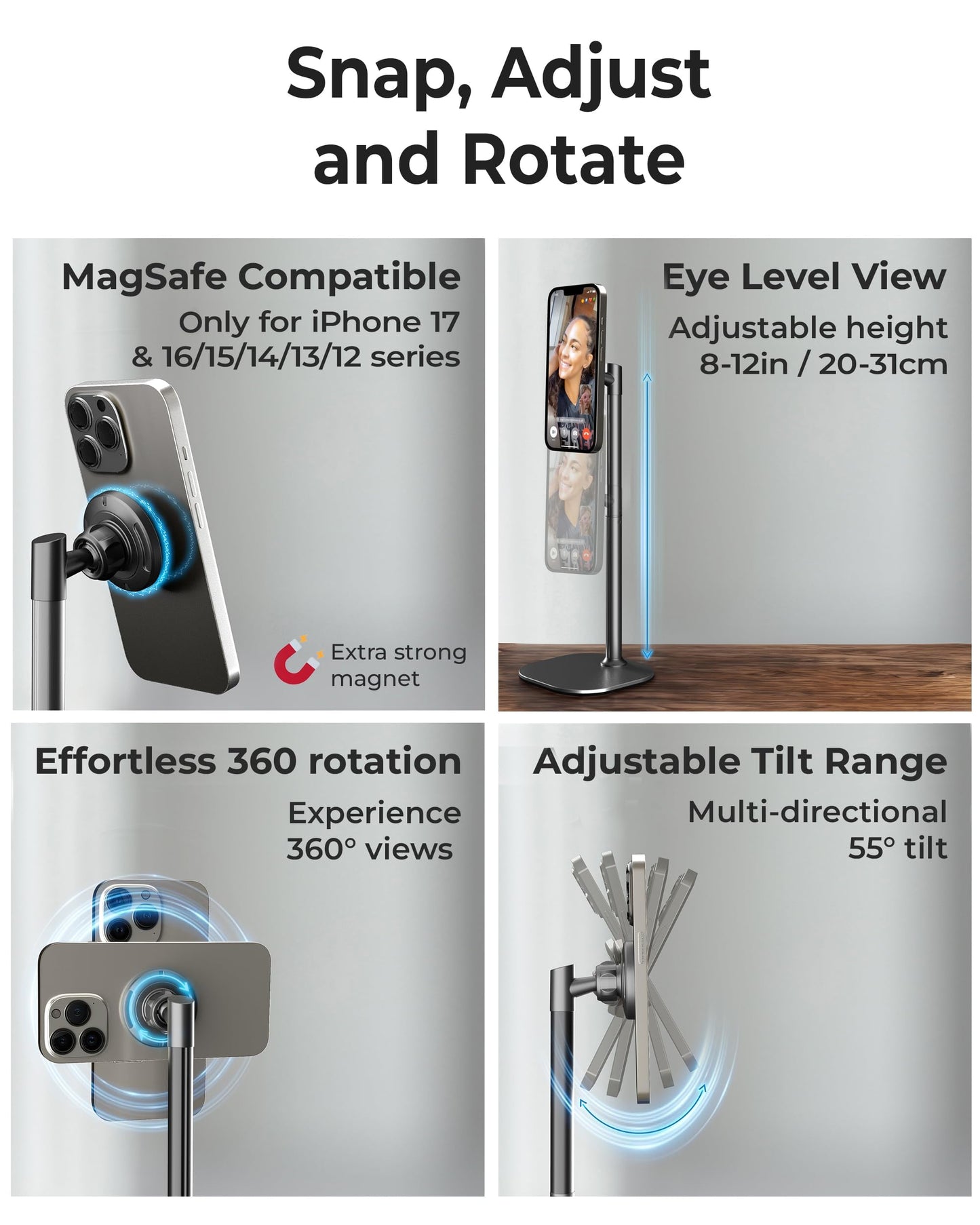 COOPER MagStand, Adjustable Magnetic iPhone Stand for Desk & Phone Holder for Video Recording, Compatible with MagSafe, Stand for iPhone 17 Pro Max, 16/15/14/13/12, Small Mag Safe Tripod (Black)