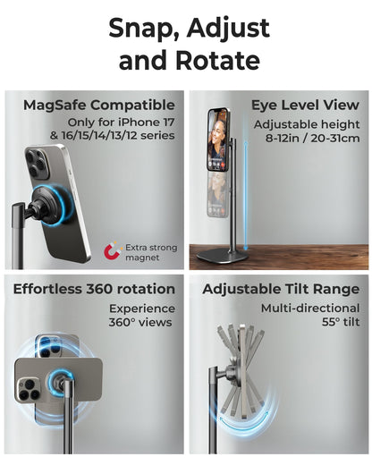 COOPER MagStand, Adjustable Magnetic iPhone Stand for Desk & Phone Holder for Video Recording, Compatible with MagSafe, Stand for iPhone 17 Pro Max, 16/15/14/13/12, Small Mag Safe Tripod (Black)