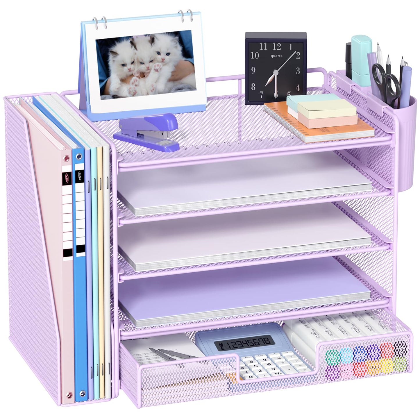 OPNICE Desk Organizer, 5-Tier Paper File Organizer with Drawer & Pen Holder, Office Desk Accessories, Workspace Desktop Organizer for Office Supplies(Purple)